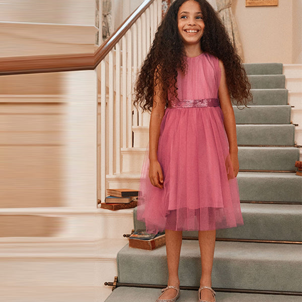 Pink Mesh Tie Back Party Dress (3-12yrs)