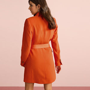 Orange Tailored Long Sleeve Belted Blazer Dress