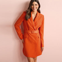 Load image into Gallery viewer, Orange Tailored Long Sleeve Belted Blazer Dress
