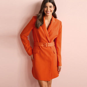 Orange Tailored Long Sleeve Belted Blazer Dress