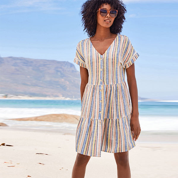 Multi Stripe Linen Blend Tiered Mini Dress