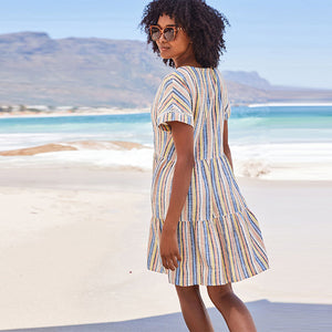 Multi Stripe Linen Blend Tiered Mini Dress