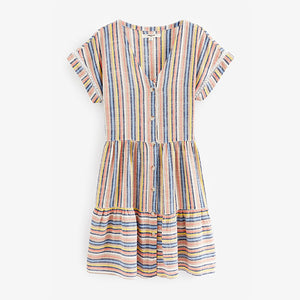 Multi Stripe Linen Blend Tiered Mini Dress