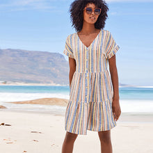 Load image into Gallery viewer, Multi Stripe Linen Blend Tiered Mini Dress
