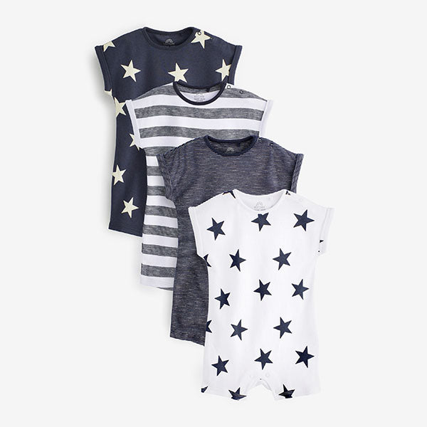 Navy Blue Star Print Baby Rompers 4 Pack (0mth-2yrs)
