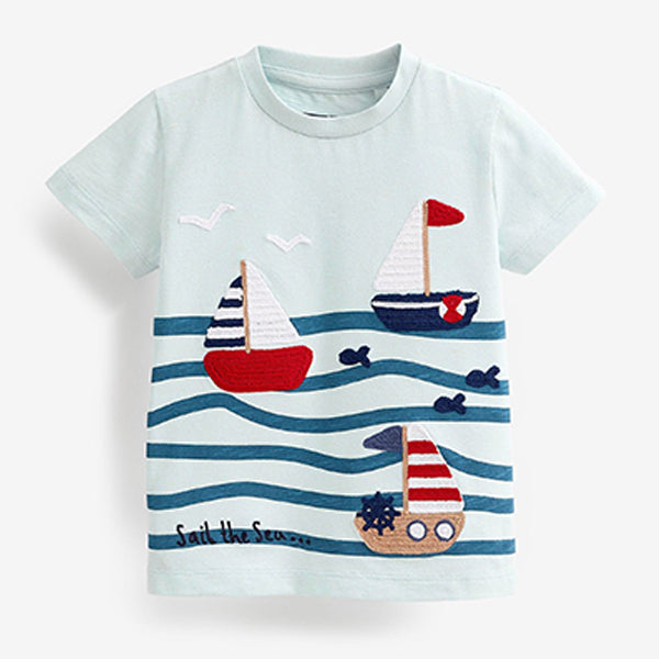 Light Blue Boat Short Sleeve Appliqué T-Shirt (3mths-6yrs)