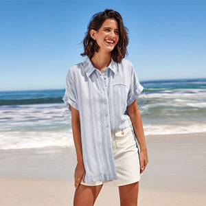 Blue/White Stripe Short Sleeve Shirt With Linen