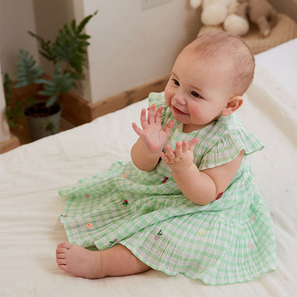 Green Check Embroidery Baby Dress (0mths-18mths)