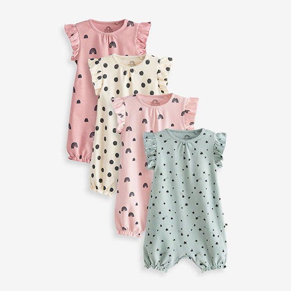 Mint Green/Pink 4 Pack Printed Baby Rompers (0mth-2yrs)