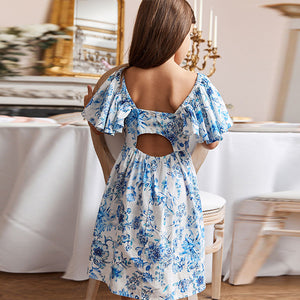 Blue Floral Angel Sleeve Dress (3-12yrs)