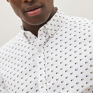 White Stretch Oxford Printed Short Sleeve Shirt