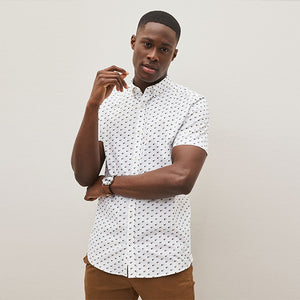 White Stretch Oxford Printed Short Sleeve Shirt