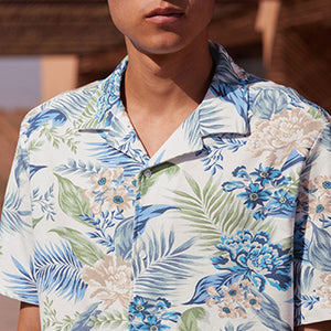 Ecru White Hawaiian Printed Short Sleeve Shirt