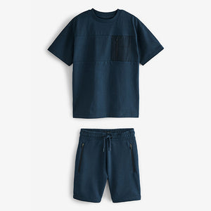 Navy Blue Zip Pocket T-Shirt and Short Set (3-12yrs)