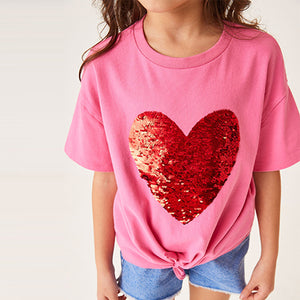 Pink/Red Heart Short Sleeve Sequin T-Shirt (3-12yrs)