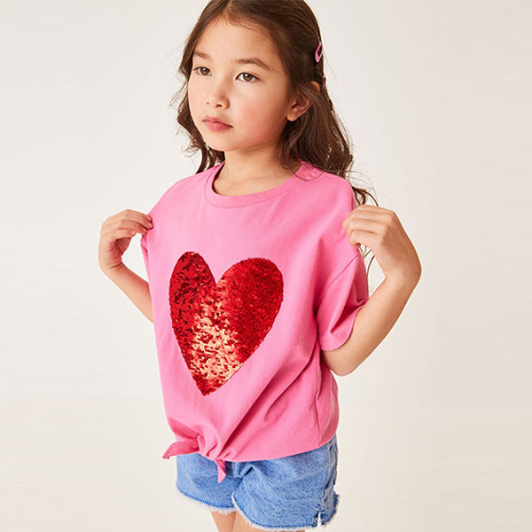 Pink/Red Heart Short Sleeve Sequin T-Shirt (3-12yrs)