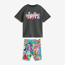 Load image into Gallery viewer, Charcoal Happy Character Oversized T-Shirt and Cycling Shorts Set (3-12yrs)
