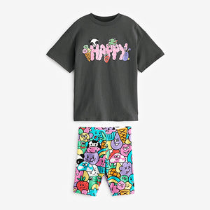 Charcoal Happy Character Oversized T-Shirt and Cycling Shorts Set (3-12yrs)