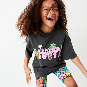 Charcoal Happy Character Oversized T-Shirt and Cycling Shorts Set (3-12yrs)