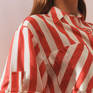 Red/White Stripe Long Sleeve Hardware Detail Shirt