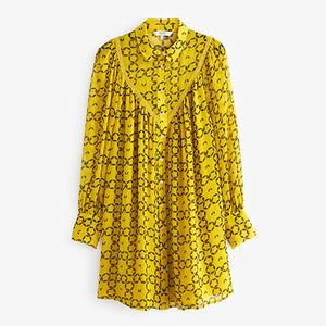 Ochre Yellow Floral Sheer Lace Trim Long Sleeve Mini Shirt Dress