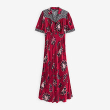 Load image into Gallery viewer, Red/ Navy Blue Patch Print Split Hem Puff Sleeve V-Neck Maxi Dress

