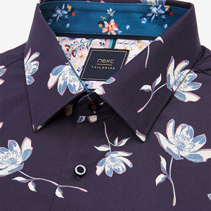 Blue Navy Floral Regular Fit  Printed Trimmed Short Sleeve Shirt