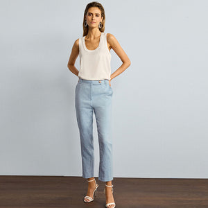 Blue Chambray Linen Blend Textured Taper Trousers