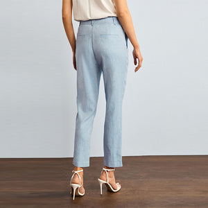 Blue Chambray Linen Blend Textured Taper Trousers