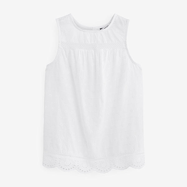 White Sleeveless Broderie 100% Cotton Shell Top