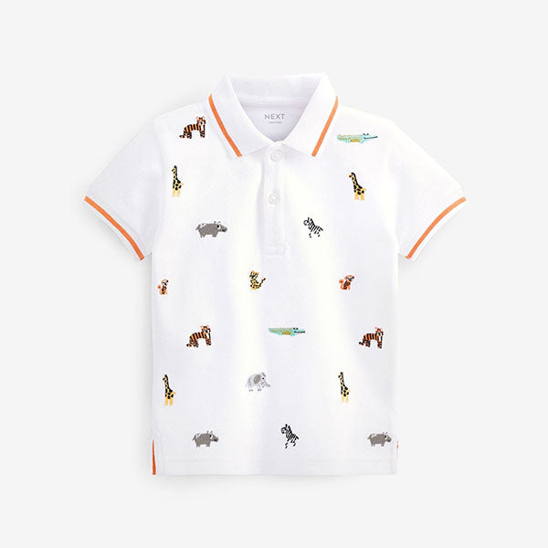 White Safari Embroidered Pique Jersey Polo Shirt (3mths-6yrs)