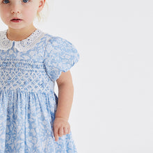 Load image into Gallery viewer, Pale Blue Printed Lace Collar Shirred Cotton Dress (3mths-6yrs)
