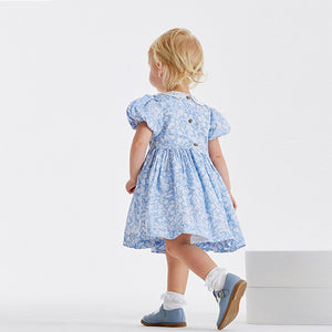 Pale Blue Printed Lace Collar Shirred Cotton Dress (3mths-6yrs)