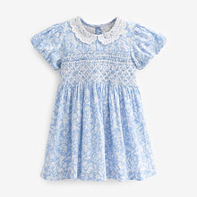 Load image into Gallery viewer, Pale Blue Printed Lace Collar Shirred Cotton Dress (3mths-6yrs)
