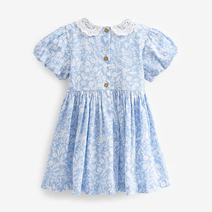 Pale Blue Printed Lace Collar Shirred Cotton Dress (3mths-6yrs)