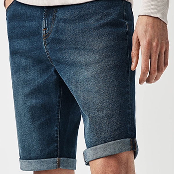 Mid Blue Straight Fit Stretch Denim Shorts