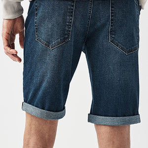 Mid Blue Straight Fit Stretch Denim Shorts