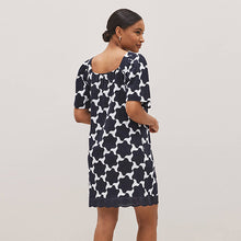 Load image into Gallery viewer, Navy Blue/White Geo Square Neck Short Sleeve Broderie Trim Dress
