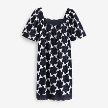 Load image into Gallery viewer, Navy Blue/White Geo Square Neck Short Sleeve Broderie Trim Dress
