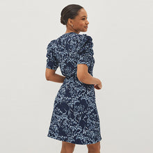 Load image into Gallery viewer, Navy Blue Sprig Short Sleeve V-Neck Wrap Mini Dress
