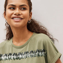 Load image into Gallery viewer, Olive Green Sequin Stripe Sparkle Cap Sleeve Slouchy T-Shirt
