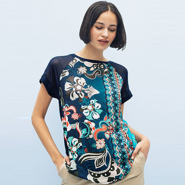 Blue Floral Woven Mix Short Sleeve Raglan T-Shirt
