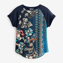 Load image into Gallery viewer, Blue Floral Woven Mix Short Sleeve Raglan T-Shirt
