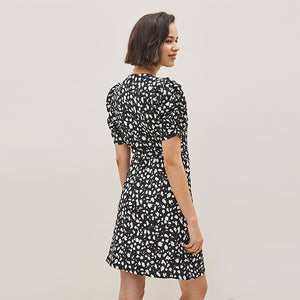 Black /White Spot Short Sleeve V-Neck Wrap Mini Dress