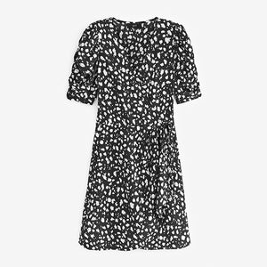 Black /White Spot Short Sleeve V-Neck Wrap Mini Dress