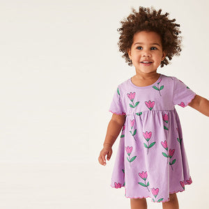 Lilac Short Sleeve Scallop Edge Cotton Jersey Dress (3mths-6yrs)