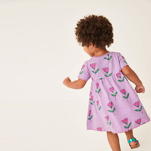 Lilac Short Sleeve Scallop Edge Cotton Jersey Dress (3mths-6yrs)