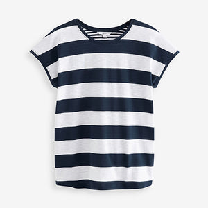 Navy Blue/ White Stripe Short Sleeve Crew Neck Slub T-Shirt
