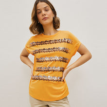 Load image into Gallery viewer, Ochre Yellow Sequin Stripe Sparkle Cap Sleeve Slouchy T-Shirt
