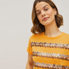 Load image into Gallery viewer, Ochre Yellow Sequin Stripe Sparkle Cap Sleeve Slouchy T-Shirt
